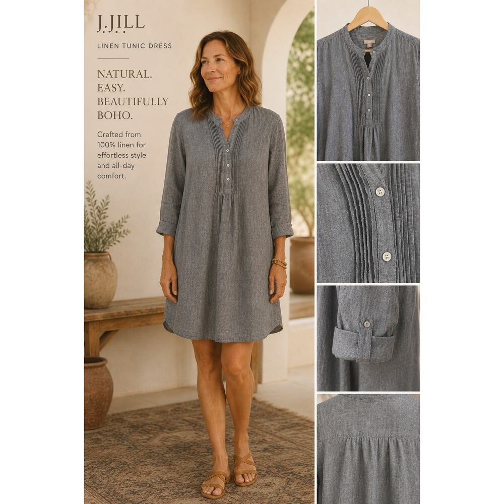 J Jill Linen Blend Tunic Shirt Dress Gray Button Front Long Sleeve Women M/L